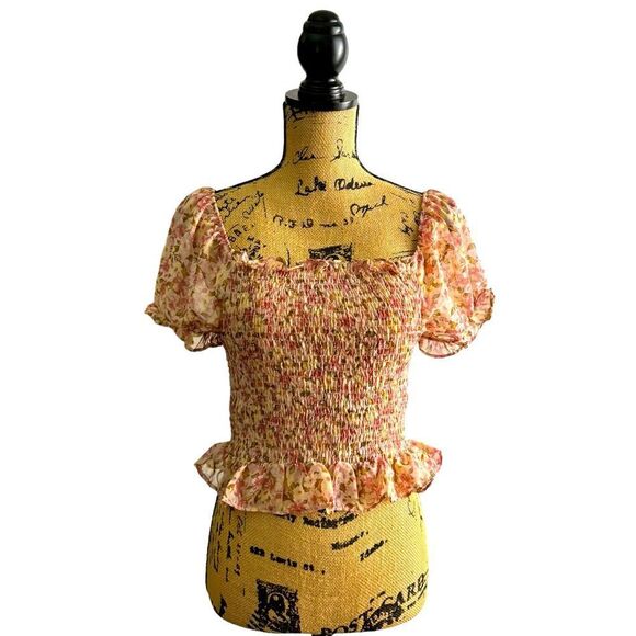 Iris Floral Ruffle Sleeve Ruched Crop Top Size Large NWOT 10 370 - Picture 1 of 6